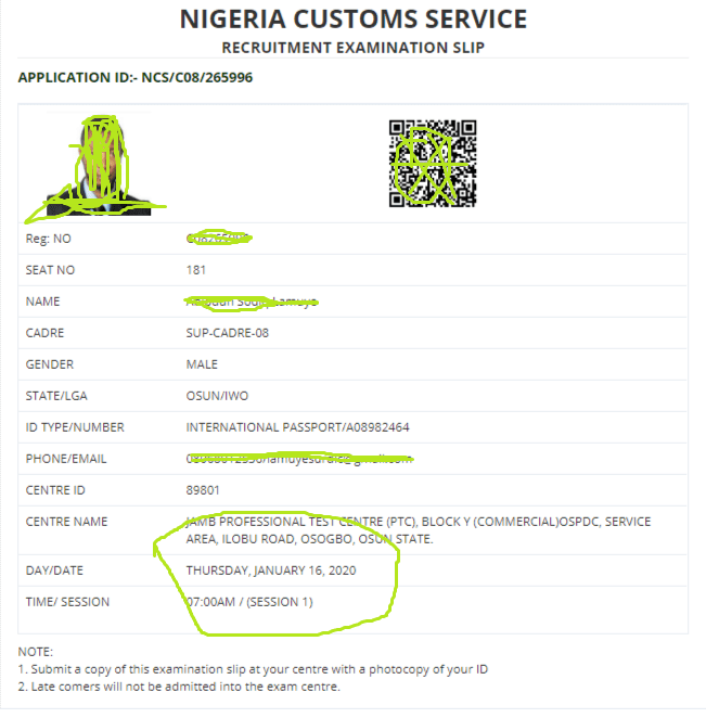 JAMB CUSTOMS EXAMINATION SLIP AM