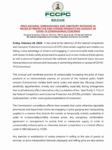 Coronavirus Nigeria to jail sellers of Face Mask Sanitizer over price hike