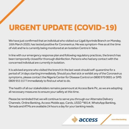 Coronavirus forces Access Bank to close branch in Lagos