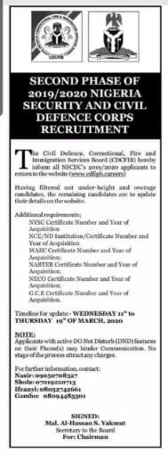NSCDC recruitment Important update for Applicants about screening test